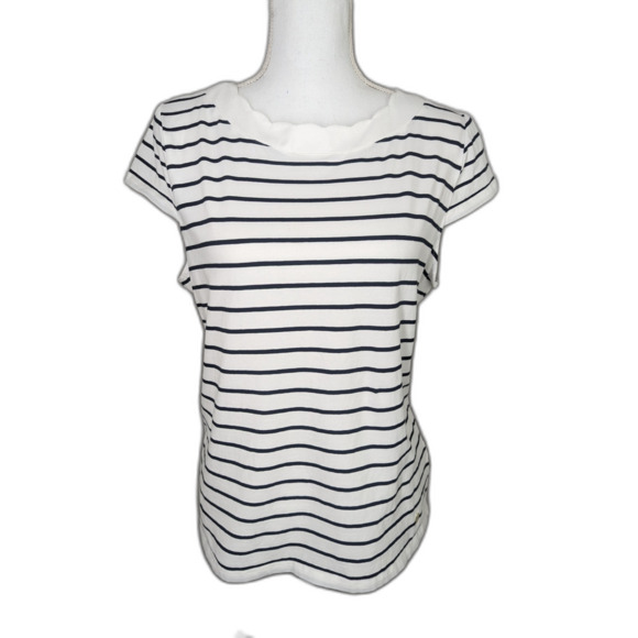 Anne Klein Sport Striped Scalloped T Shirt Womens Petite XL Nautical - Picture 1 of 8